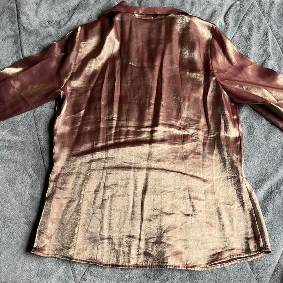 Vintage 90s - Y2K Rafaella gold/burgundy/bronze metallic satin button up large - Picture 4 of 8